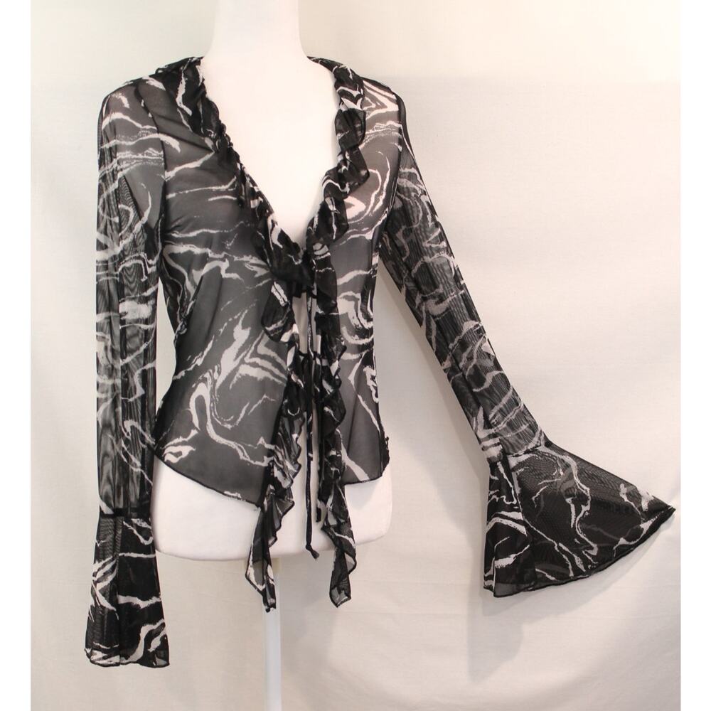Womens Mesh Sheer Ruffle Waterfall Tie Front Top size L Black Crop Flare Sleeves